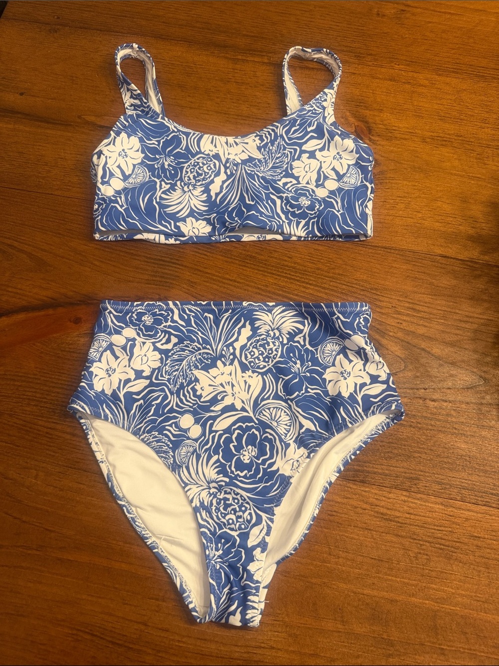 Blue & White Floral Two-Piece Bikini Set - large top- medium bottoms